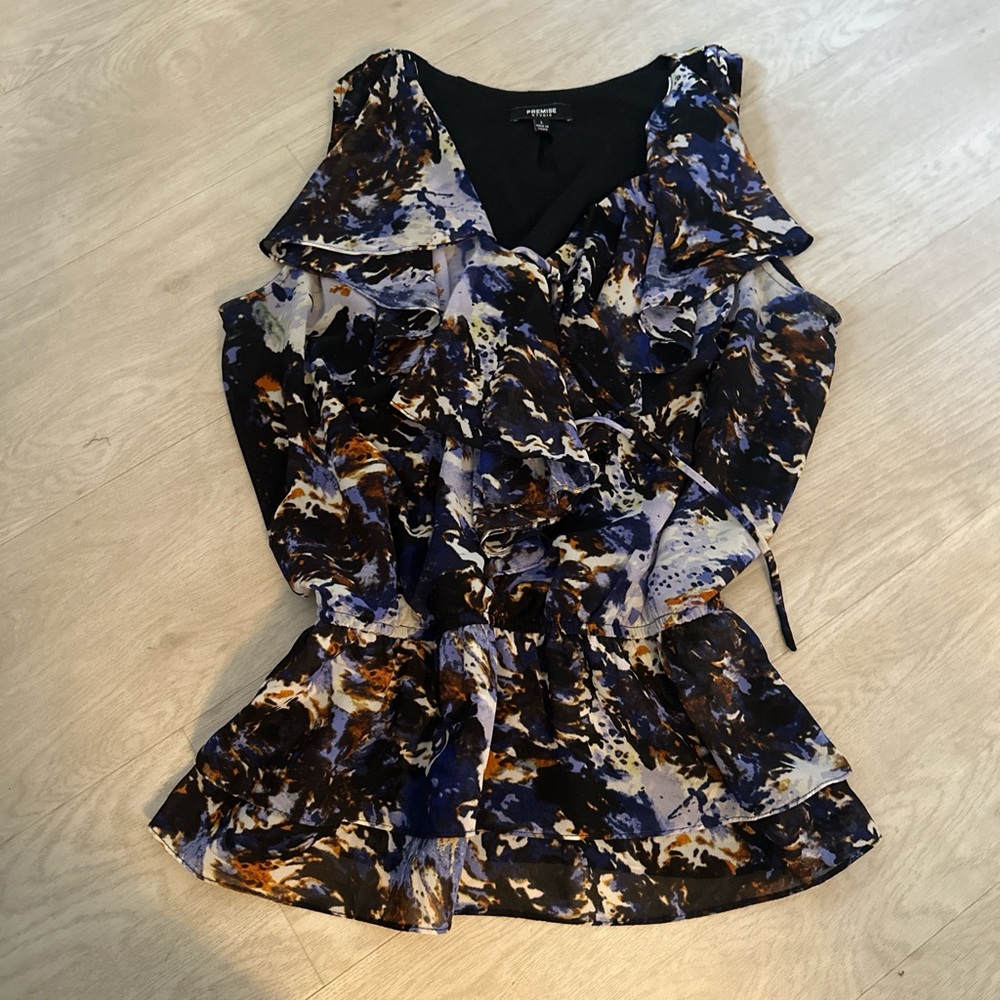 Premier Navy, Brown & White Ruffle V-Neck Sleeveless Blouse